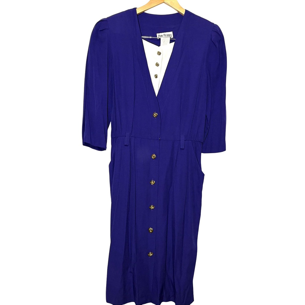 Vintage‎ Peri Petites Blue Midi Dress Gold Knot Buttons 3/4 Sleeve Pockets 10P